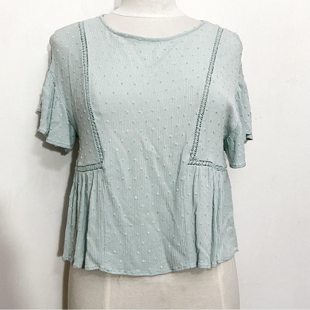 URBAN ROMANTICS inset lace detail gauzy dotted Swiss fabric gathered sides top S